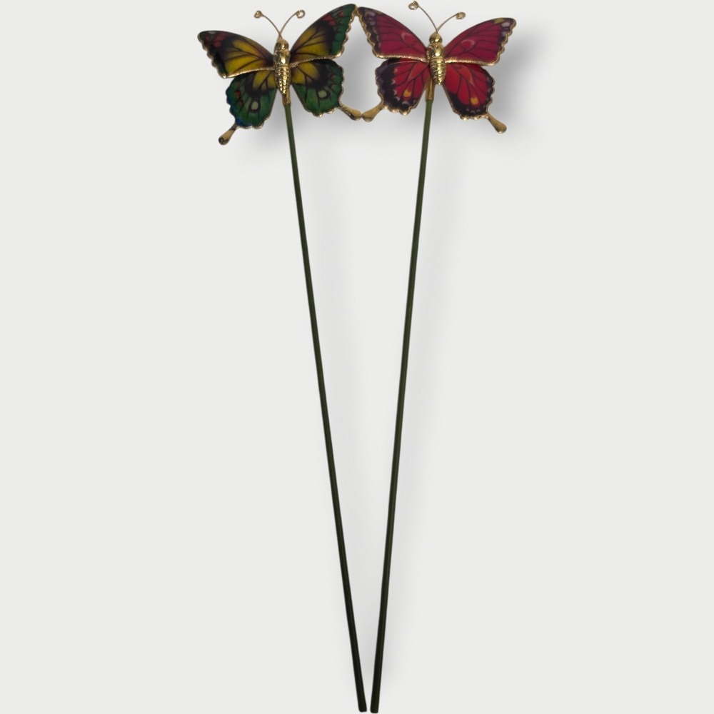 Vintage Italy Metal Enamel Butterfly Plant Stakes Floral Picks Garden LOT‎ OF 10